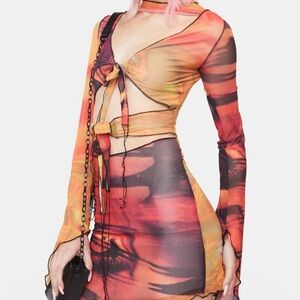 Jaded London Orange Red Tie-Front Asymmetrical Mesh Dress